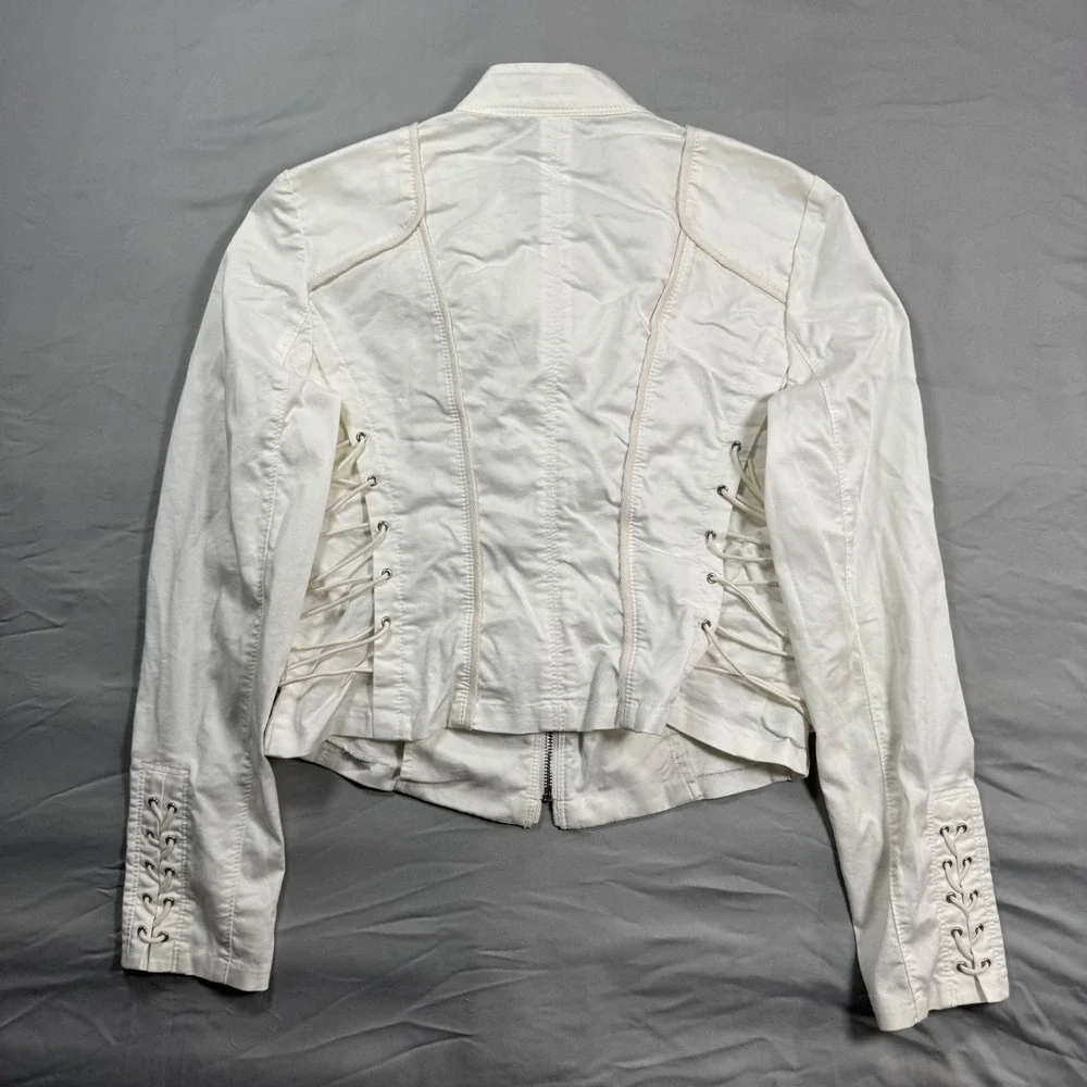 White House Black Market White Lace Up Side Moto Jacket Sz 8 Zip Front Biker